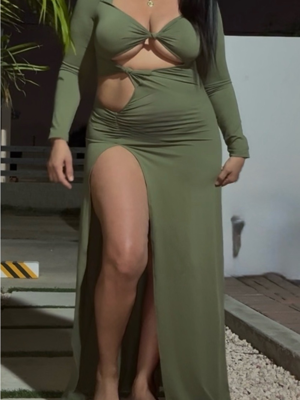 Olive Green Cutout Long Sleeve Maxi Dress